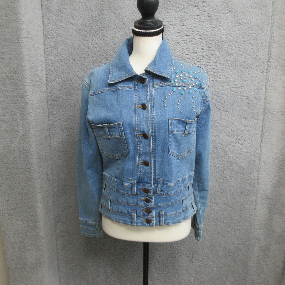 Vintage Y2K NYDJ Studded Denim Jacket Women S Blue Turquoise Western Boho USA